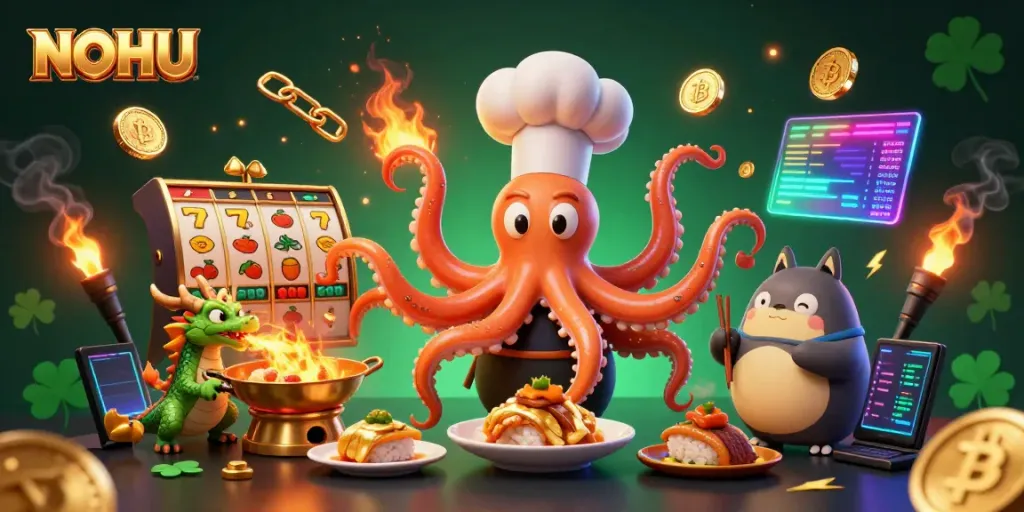 Spin the jackpot at NOHU with a lively octopus chef, dragon, and tanuki amid vibrant casino elements.