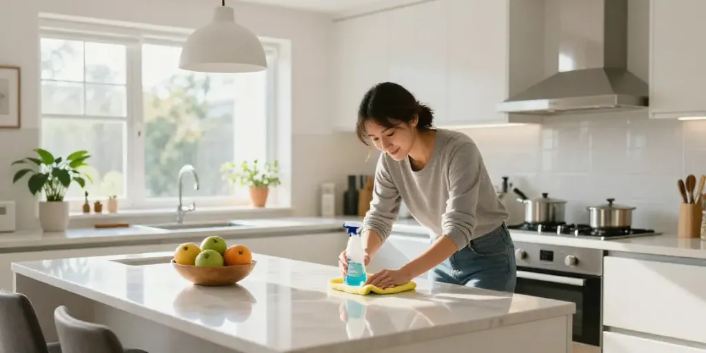Professional house cleaning melbourne service in a bright kitchen, showcasing cleanliness and organization.