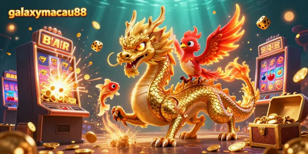 Experience the excitement of galaxymacau88 with a golden dragon, phoenix, and koi amidst a jackpot explosion.