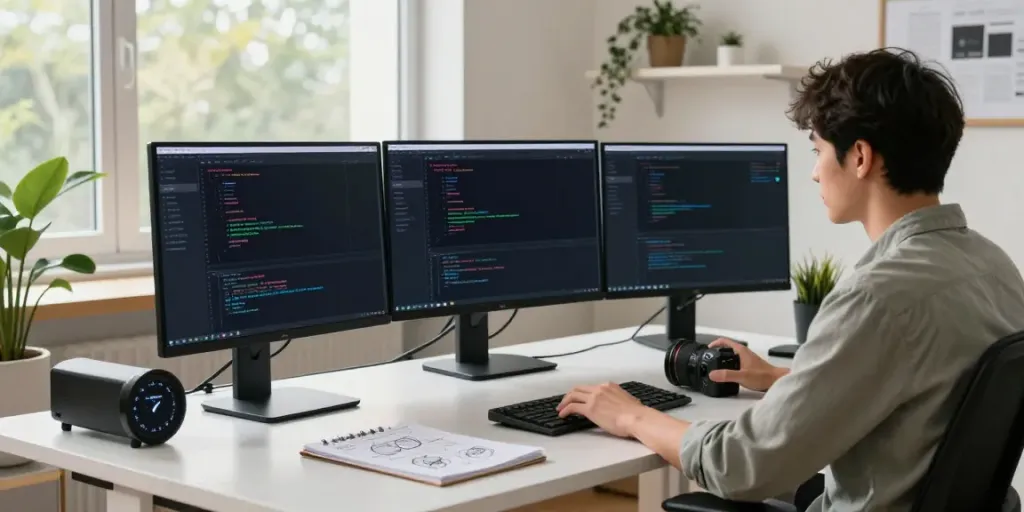 Instant VPS deployment showcased in a modern tech workspace with programmer coding on multiple screens.