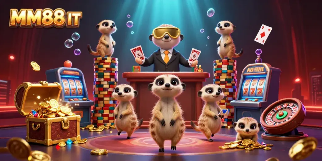 Experience the excitement of MM88 IT with meerkats running a casino operation amidst vibrant gaming elements.