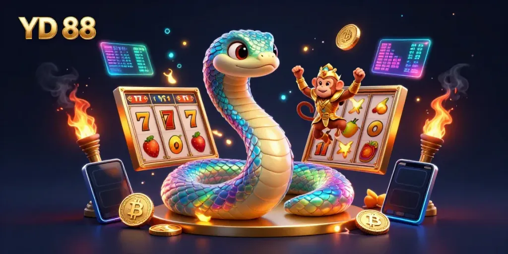Experience thrilling gaming action with YD 88 depicted in a colorful casino-themed illustration filled with characters and rewards.