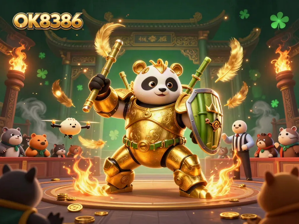 Engage with OK8386 in a vibrant 3D arena featuring a golden panda battling in a bamboo robot.
