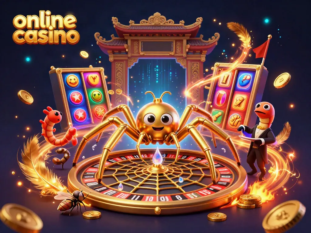 Engaging 3D scene depicting an online casino featuring a golden spider navigating a roulette wheel web, with vibrant gaming elements.