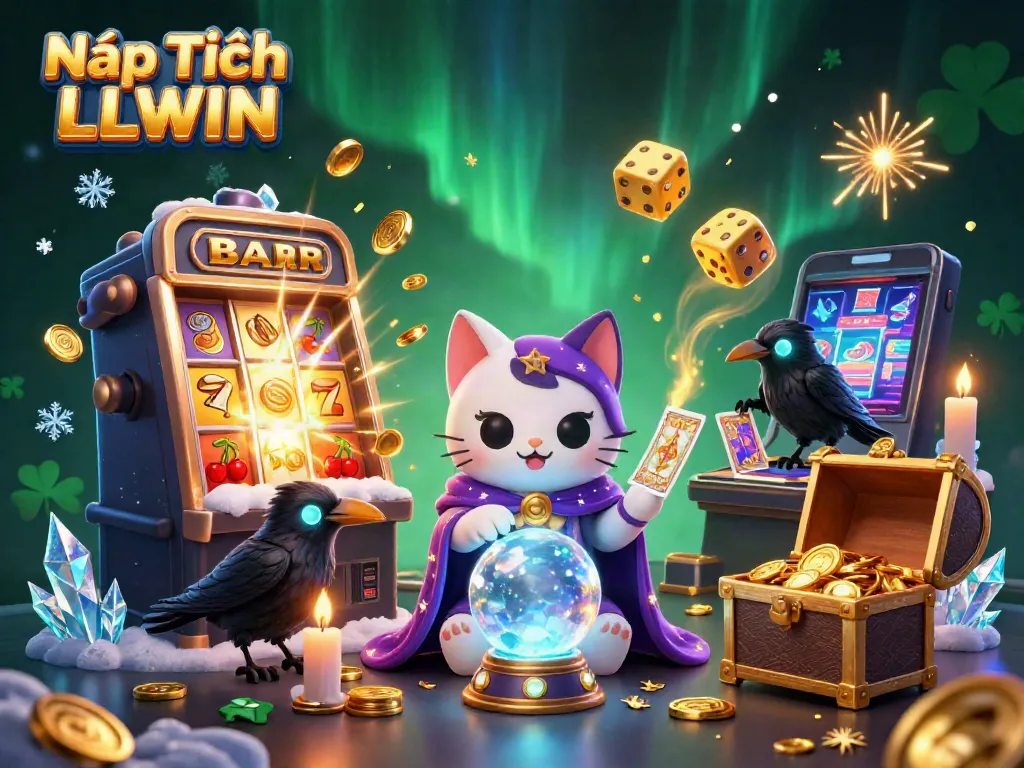 Nạp Tiền LLWIN with a mystical scene of fortune teller cat and raven, filled with exciting casino elements.