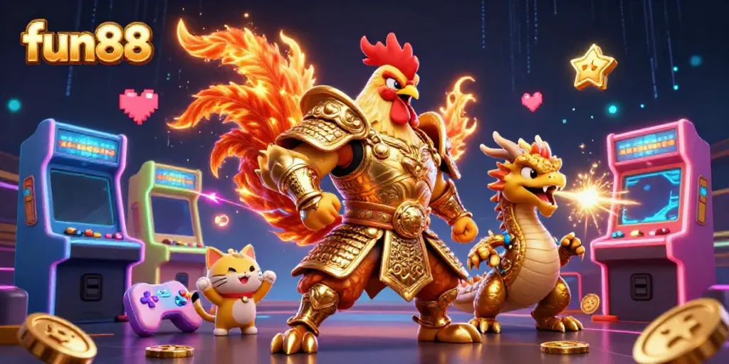 Engage in excitement with fun88's vibrant casino illustration featuring a warrior rooster and dragon.