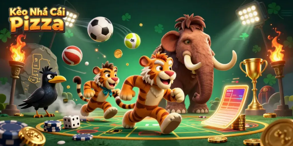 Kèo Nhà Cái Pizza illustration depicting a playful caveman and sabertooth tiger in an exciting casino with sports elements