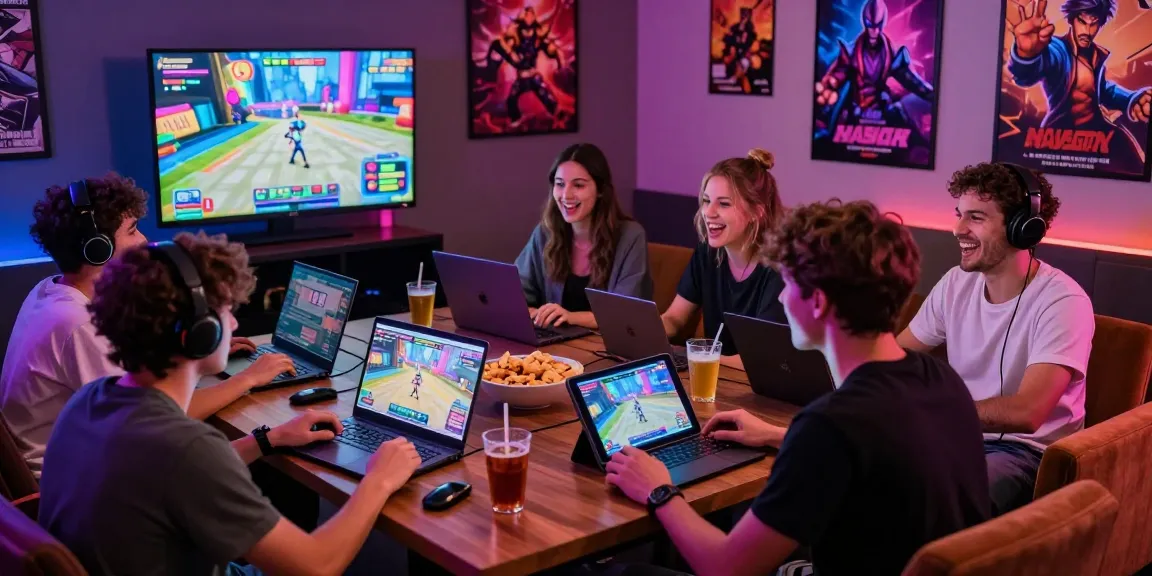 Group of friends playing porn games in a vibrant gaming lounge.