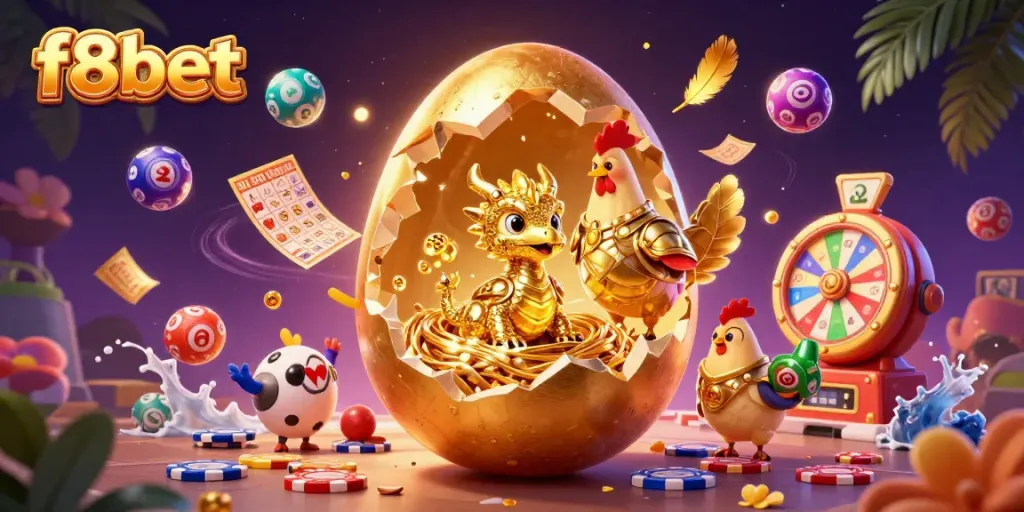 Experience the magic of f8bet with a golden dragon and vibrant casino elements, symbolizing excitement and luck.
