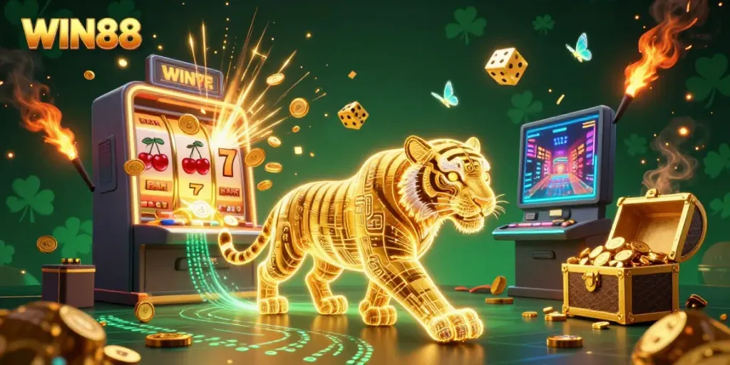 Experience the excitement of WIN88 in a vibrant digital casino filled with colorful slots and golden rewards.