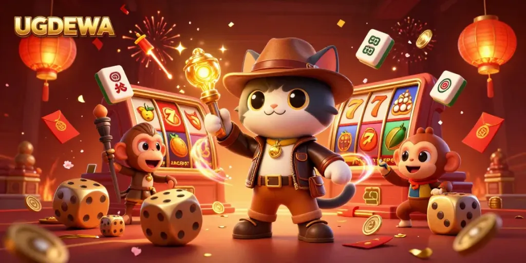 UGDEWA showcases a vibrant illustration of an explorer cat discovering a golden casino artifact surrounded by lively game elements.