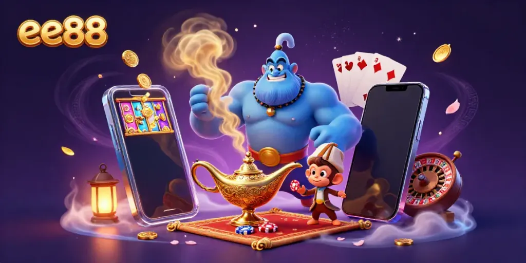 Engage in thrilling gaming adventures with ee88's vibrant 3D illustration showcasing a magical scene filled with casinos.