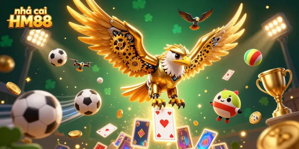 Engage in thrilling gaming at nhà cái HM88 with vibrant 3D illustration showcasing a cybernetic eagle amid dynamic gambling elements.