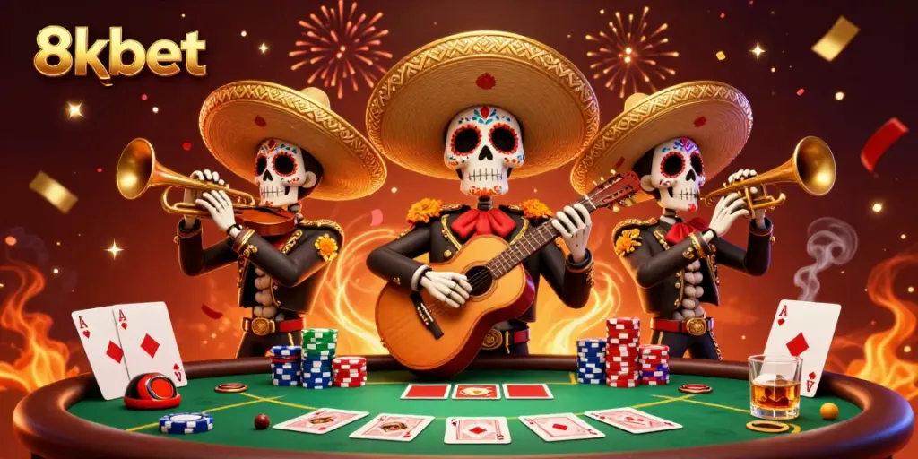 Experience thrilling gameplay at 8xbet with a vibrant mariachi band celebrating wins around poker tables.