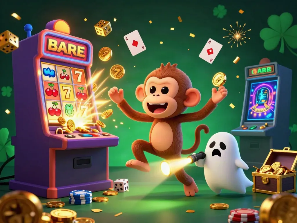 MANTIS88 showcases a lively 3D illustration of a poltergeist monkey and a puppy ghost-hunter in a vibrant casino.