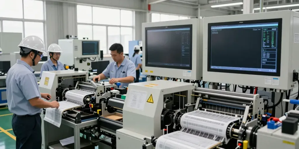 Engineers collaborating around advanced packaging equipment manufacturer machines in a modern factory.