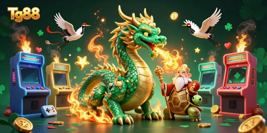 Tg88 showcases a massive emerald dragon breathing fire in a vibrant casino-themed scene.