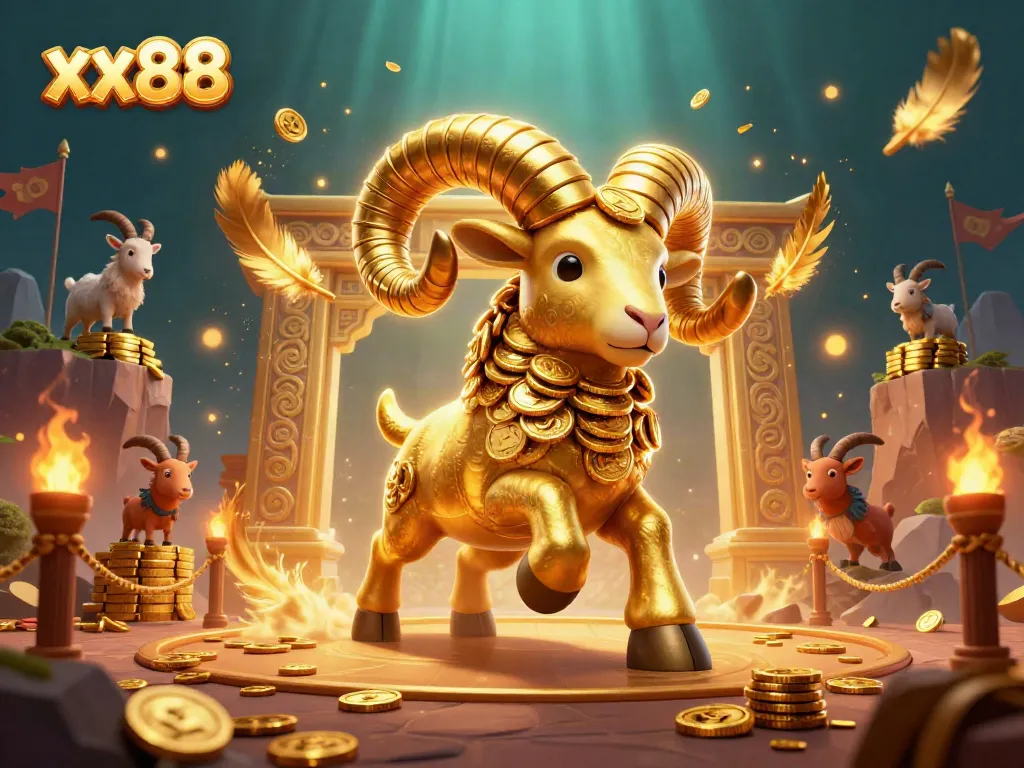 Experience thrilling gameplay with xx88 featuring a golden ram and mountain goats in a vibrant casino arena.