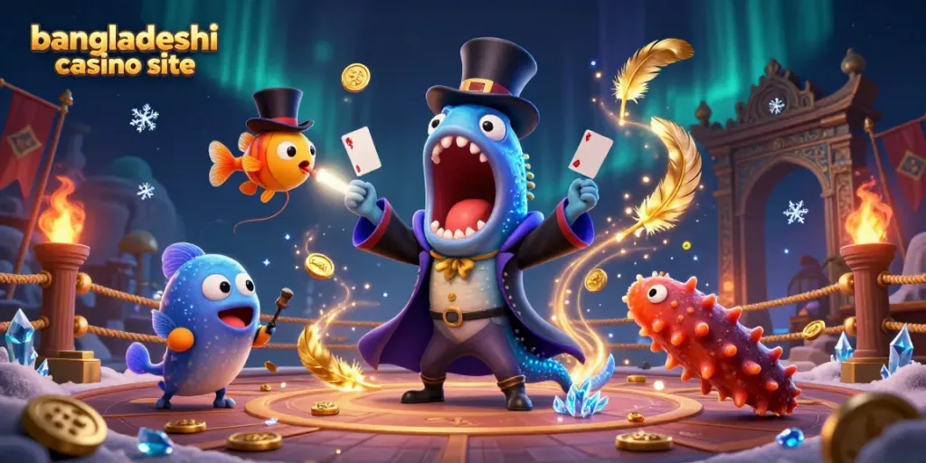 Engaging scene depicting a bangladeshi casino site with playful sea creatures performing in a dynamic atmosphere.
