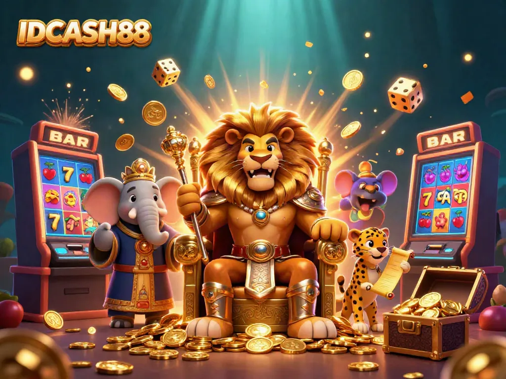 Experience the thrill of IDCASH88 as the lion king reigns over a jackpot burst, showcasing top casino games.