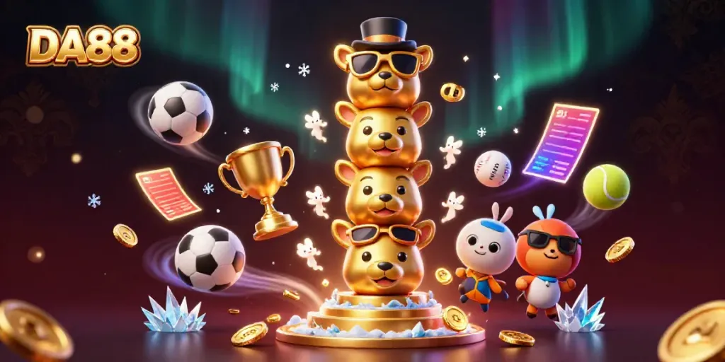DA88’s vibrant sports betting scene featuring animated totem pole characters and dynamic game elements.