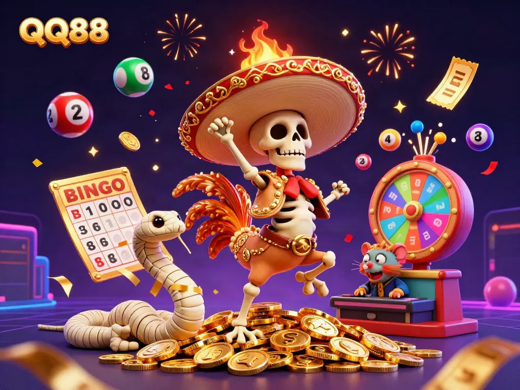 Play thrilling games with QQ88, featuring colorful characters and exciting gambling elements in a festive digital scene.
