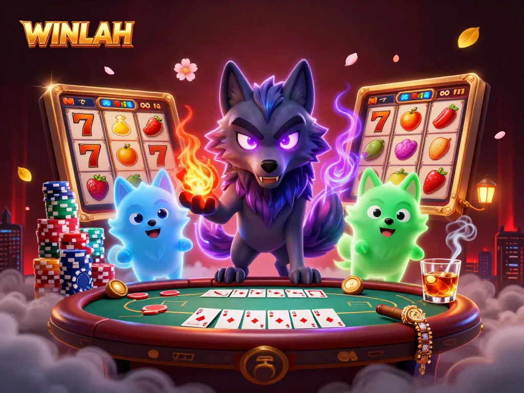 Immerse in WINLAH's vibrant casino scene with shadow wolves and immersive slot game elements.