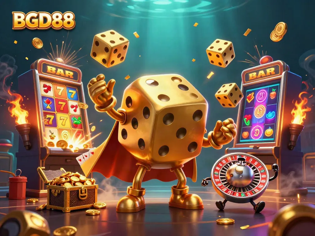 Experience the excitement of BGD88 with a golden dice golem, jackpot explosions, and vibrant casino elements.