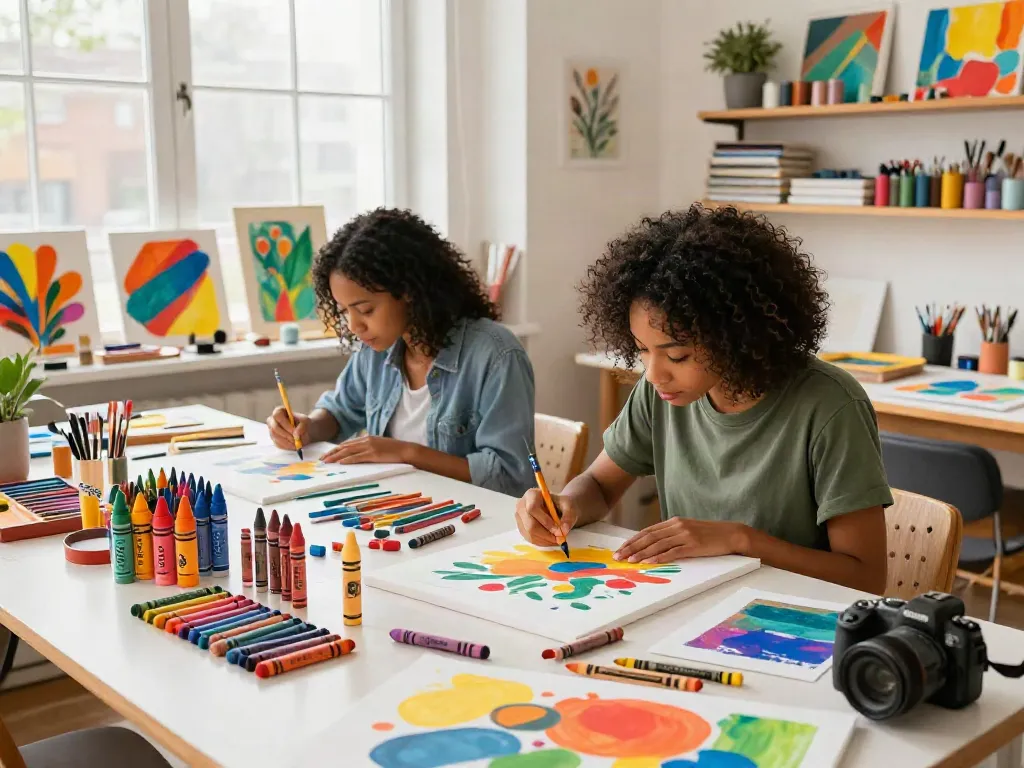 Crayon manufacturers showcasing diverse types of crayons in a colorful art studio environment.